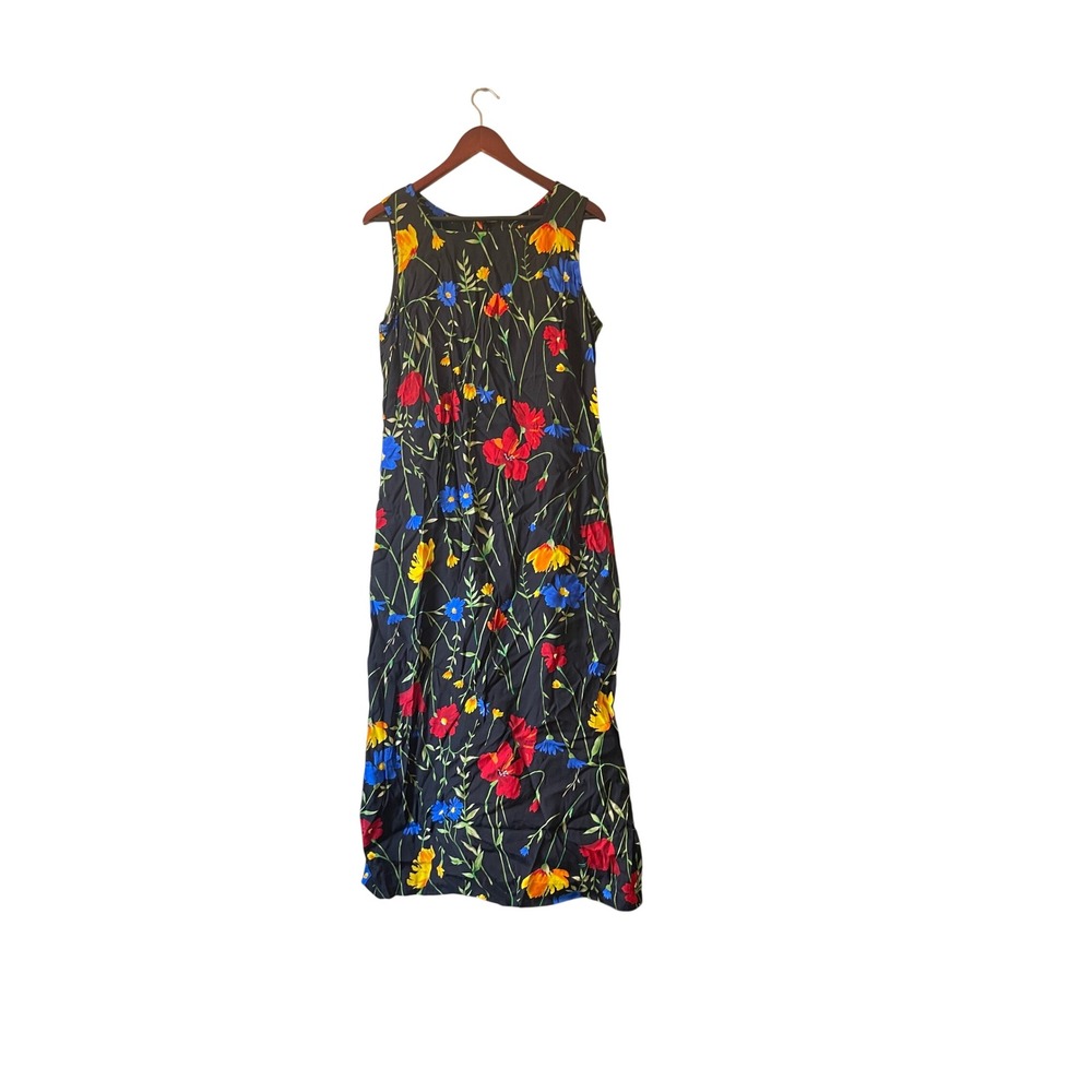 Vintage Womens Black Floral Sleeveless Maxi 70s 80s cottagecore Size Medium